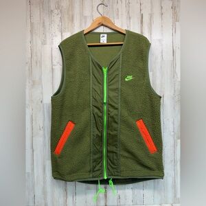 Nike High Pile Fleece Vest Mens Large Green Orange Full Zip Pocket Sherpa
